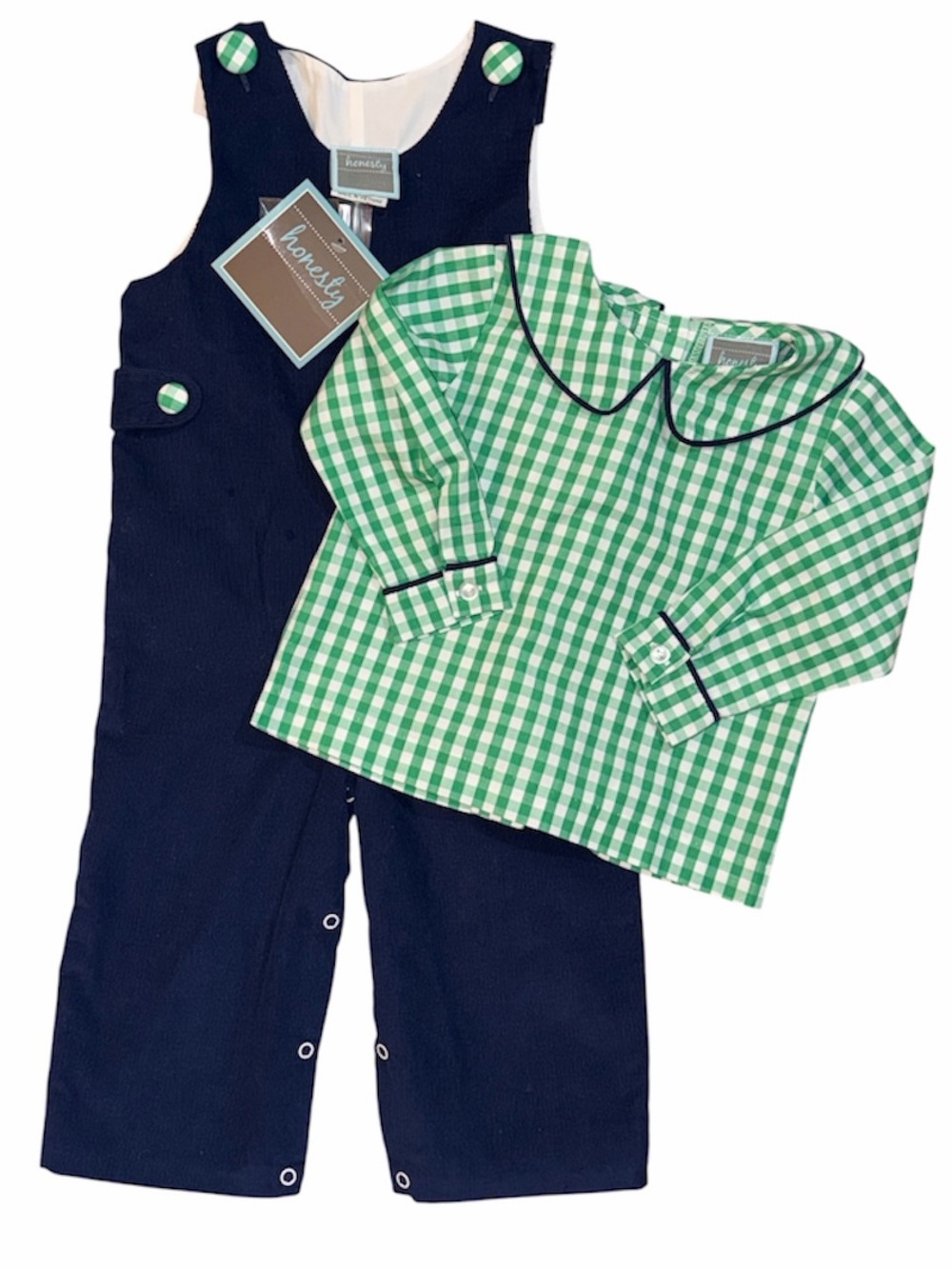 NWT Honesty Classic Navy cord longalls with Green Gingham Shirt & detail 24mo